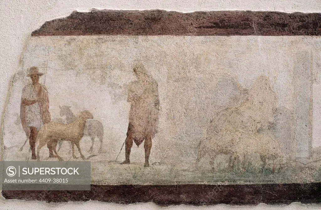 "ULISES DISFRAZADO DE CAMPESINO". Episodio de 'La Odisea'. Fresco romano. Museo Nacional Romano. Roma. Italia.