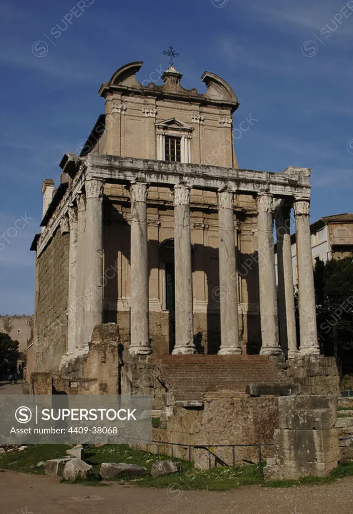 Italy. Rome. Temple of Antoninus and Faustina. 141 AD. In the 17th century adapted to the church of San Lorenzo in Miranda. Roman Forum.