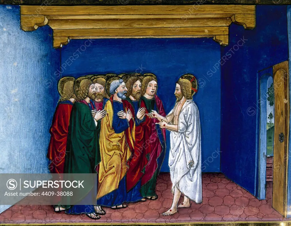Jesus tells the apostles the parable of the friend who came to the house at midnight asking for bread. Illuminated pages of the Codex of Predis (1476). Royal Library. Turin. Italy.