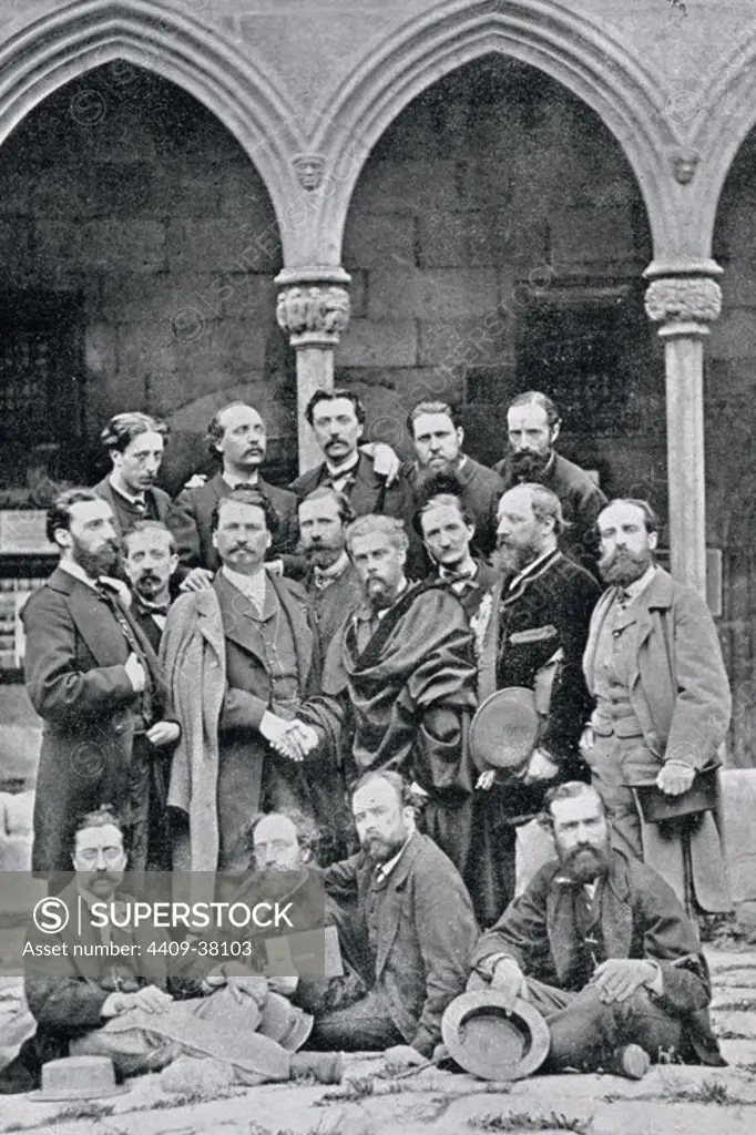 JUEGOS FLORALES DE 1868. Escritores provenzales y catalanes en el Monasterio de Montserrat. Fila de abajo, empezando por la izquierda: VIDAL, ROUMIEUX, LLORENTE, PAUL MEYER, (la segunda): ROURE, ROCA, MISTRAL, QUINTANA, BALAGUER, SALA, WYSE, FERRER Y BIGNE, (la tercera): BARALLAT, QUEROL, VERGES, TORRES y ARNAU.