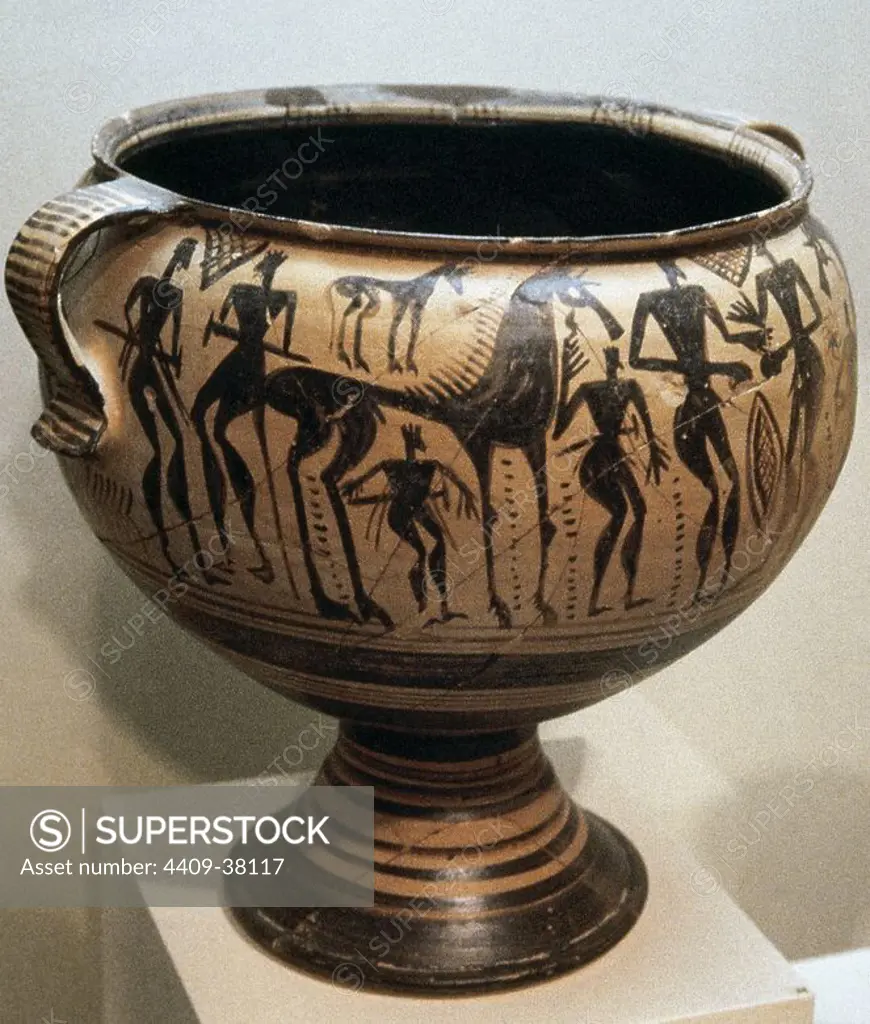 Greek art. Boeotian Late Geometric pedestalled krater with boxing match. From Thebes, c. 690-670 BCE. National Archaeological Museum. Athens. Greece.