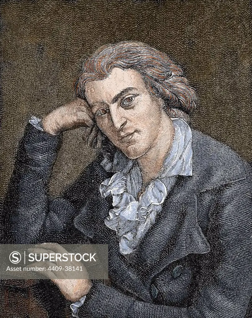 SCHILLER, Johann Christoph Friedrich von (Marbach 1759-Weimar, 1805). German poet, philosopher, historian, and playwright. Colored engraving.