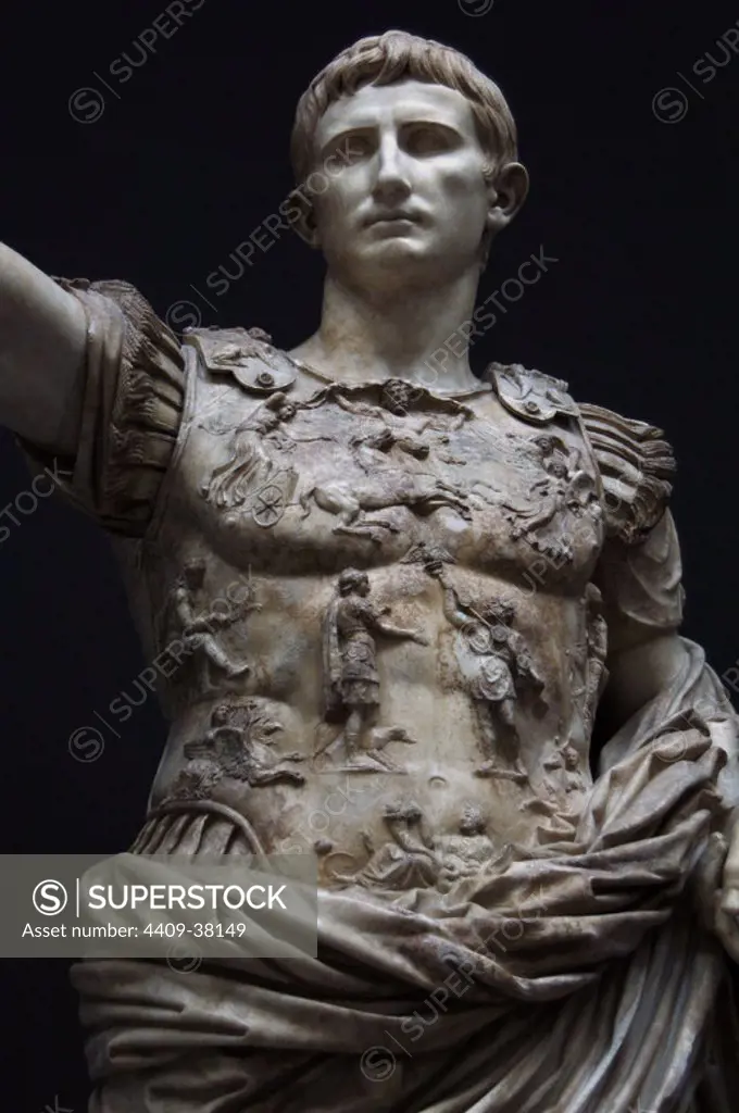 Augustus, (63 B.C.-14 D.C.). First emperor of the Roman Empire. Augustus of Prima Porta. White marble statue. 1st century. Detail with the breastplate carved in relief depicting the return of the Roman legionary eagles lost to Parthis by Mark Anthony (40s B.C.) and by Crassus (53 B.C.). Braccio Nuovo. Chiaramonti Museum. Vatican Museum. Vatican City.