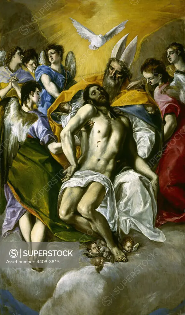 'The Trinity', 1577-1579, Oil on canvas, 300 cm x 179 cm, P00824, After restoration. Author: EL GRECO. Location: MUSEO DEL PRADO-PINTURA. MADRID. SPAIN. JESUS. ESPIRITU SANTO. DIOS PADRE. CRISTO MUERTO. PADRE ETERNO.