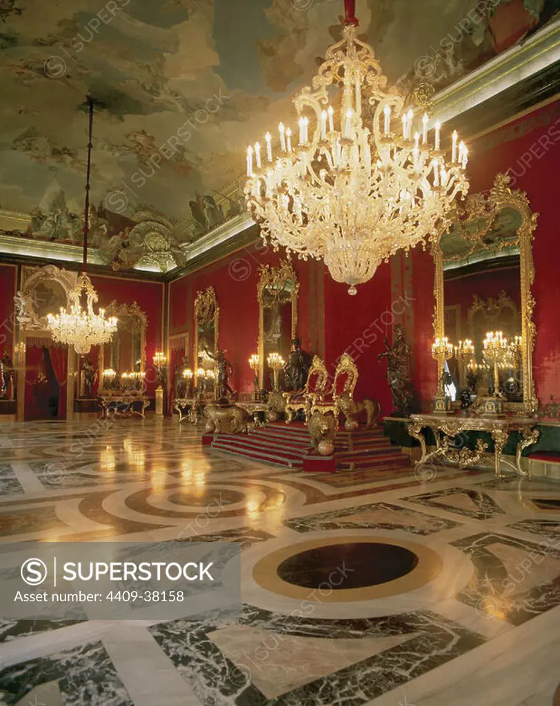 Royal Palace of La Granja de San Ildefonso. 18th century. Throne Room with royal dais flanked by four lions. Segovia province. Castilla-Leon. Spain.