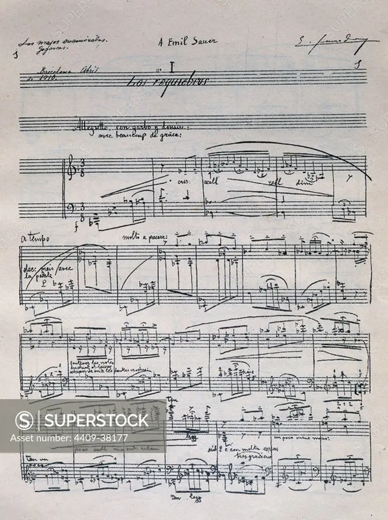Enrique Granados (1867-1916). Spanish composer and pianist. Goyescas (Los Majos Enamorados), Goyescas (The Gallants in Love). First page of the piano suite. Autograph manuscript. Dedicated to the German pianist Emil Sauer (1862-1942). Barcelona, April 1910. Catalonia, Spain.