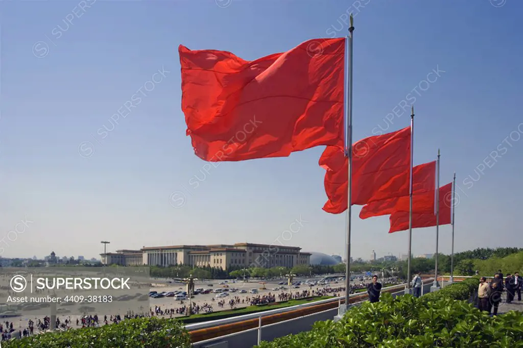 Flags waving in the Gate of Heavenly Peace. Tiananmen Square. Beijing. China.