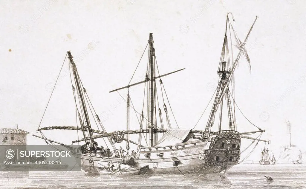 Merchant ship. 18th century. Engraving.