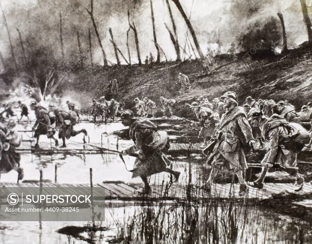 FIRST WORLD WAR (1914-1918). French army crosses the river Isere on improvised gateways under enemy fire (August 1917, France).