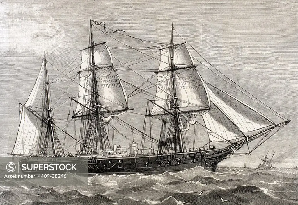 Frigate "Blanca" of the Spanish Navy aimed at a voyage of circumnavigation. Engraving by Capuz in "The Spanish and American Illustration, " 1886.