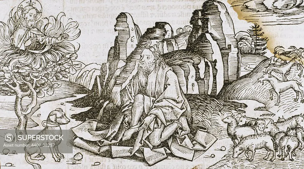 Moses and the burning bush. 16th century engraving.