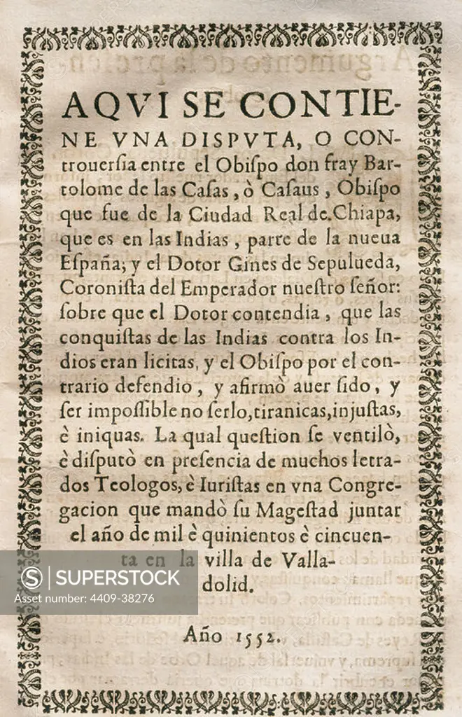 Bartolome de las Casas (1474-1566). Spanish Dominican priest. Juan Gines de Sepulveda (1490-1573). Spanish humanist, philosopher and historian. Polemic of the Natives or o The Just Titles, between Las Casas and Gines de Sepulveda. Cover page. Edition of 1552. Library of Catalonia, Barcelona, Spain.