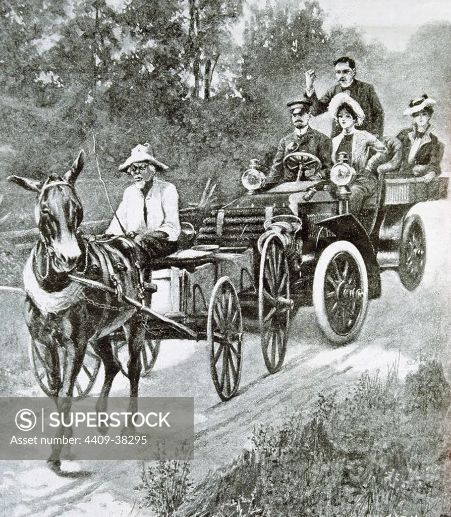 HISTORIA DEL TRANSPORTE. PRINCIPIOS SIGLO XX. CARRO tirado por un caballo y, tras el, un AUTOMOVIL. Grabado de l'Illustration, año 1902.