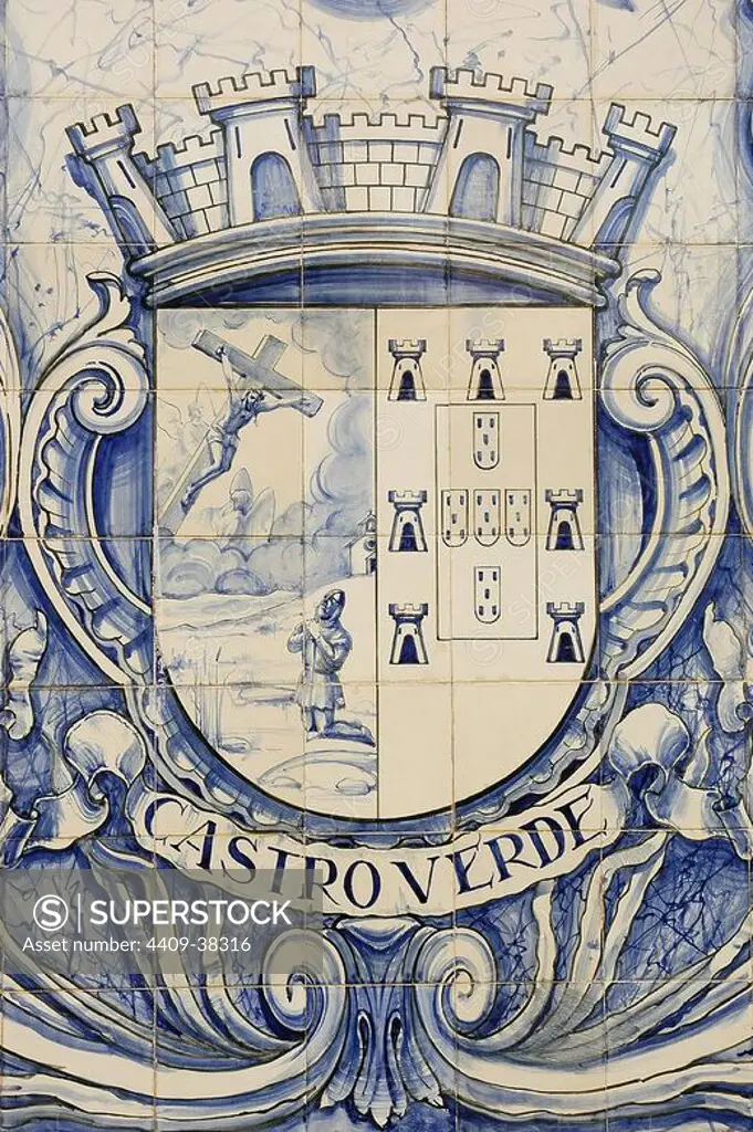 Shield tile depicting the vision of Afonso Henriques (1110-1185) in which Jesus assured him victory in the Battle of Ourique (July 25, 1139). The little shields represent the five Moorish kings defeated in battle. Castro Verde. Alentejo. Portugal.