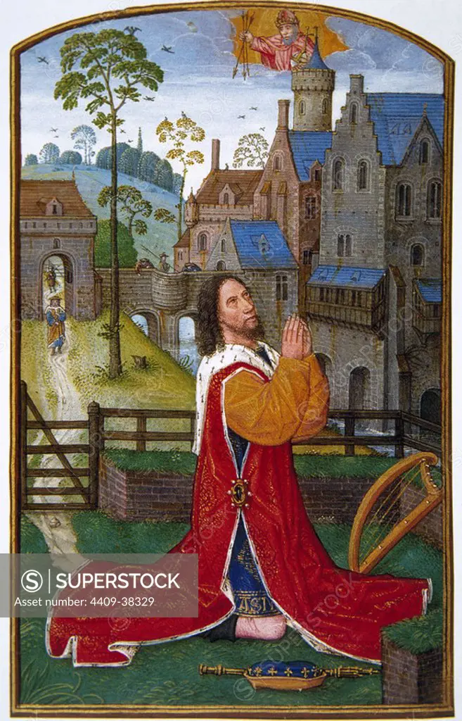 King David praying. Miniature, 16th century. From Les Heures de la Tour et Taxis. Conde Museum. Chateau of Chantilly. France.