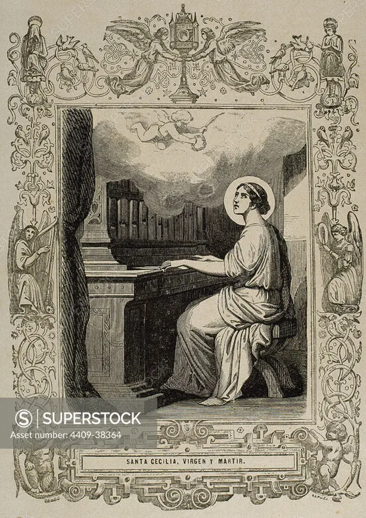 Saint Cecilia of Rome. 2nd century A.C. Roman martyr. Engraving by Capuz.