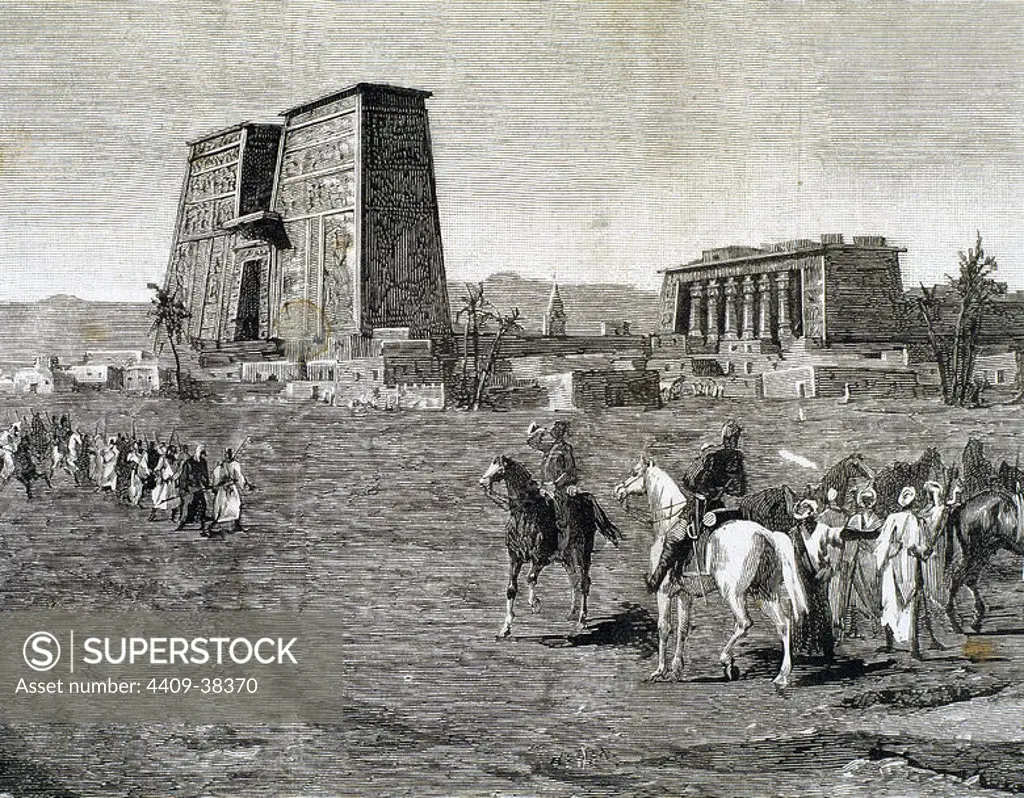 Anglo-Egyptian War (1882). Emissaries of Arabi Pasha recruiting soldiers among the tribes to fight the British army. In the background, the Temple of Edfu. Engraving, 1882.