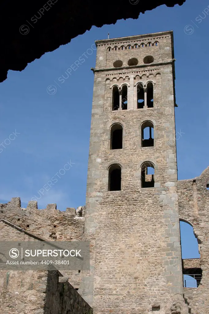 Benedictine Monastery of Sant Pere de Rodes. Founded around the year 900. The present building is dated 11th century. Lombard bell tower. Catalonia. Spain.