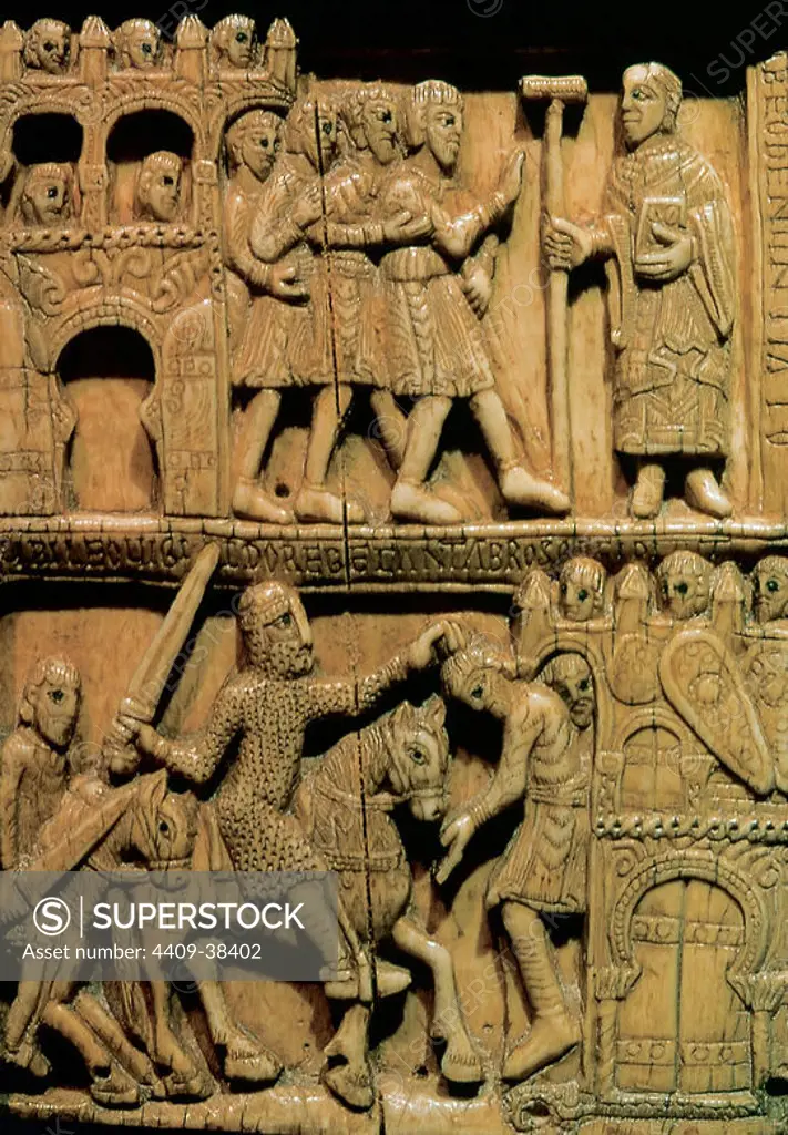 Romanesque Art. Spain. Chest of Saint Aemilian of Cogolla. Middle of 11th century. Decorated with ivory carvings that represents his life. Relief depicting the capture of the Cantabria by Leovigildo, 574. Sacristy of the Monastery of Yusho. San Millan de la Cogolla. La Rioja.