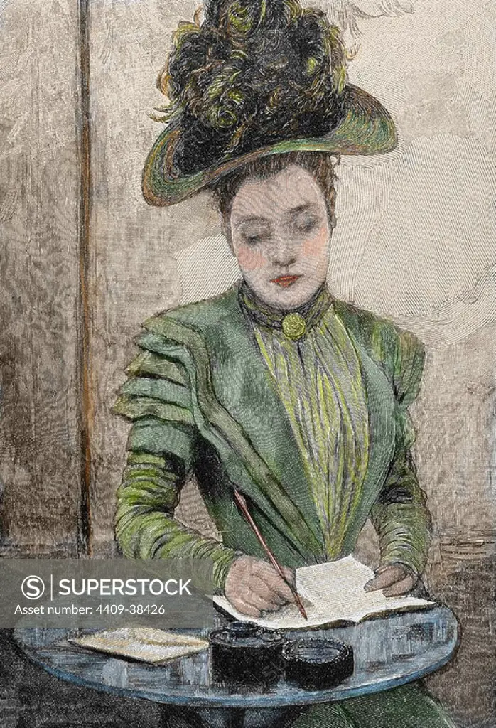Lady writing a letter. Colored engraving from 1888.