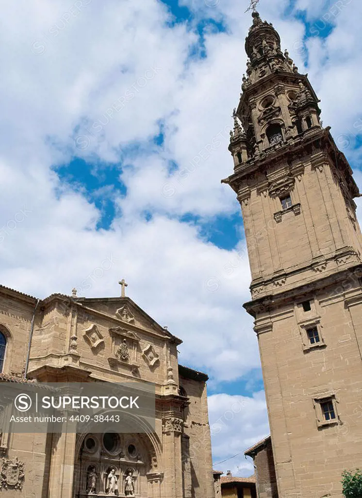 Spain. Cathedral of Saint Dominic of la Calzada. Main facade and tower. 18th century. Detail.
