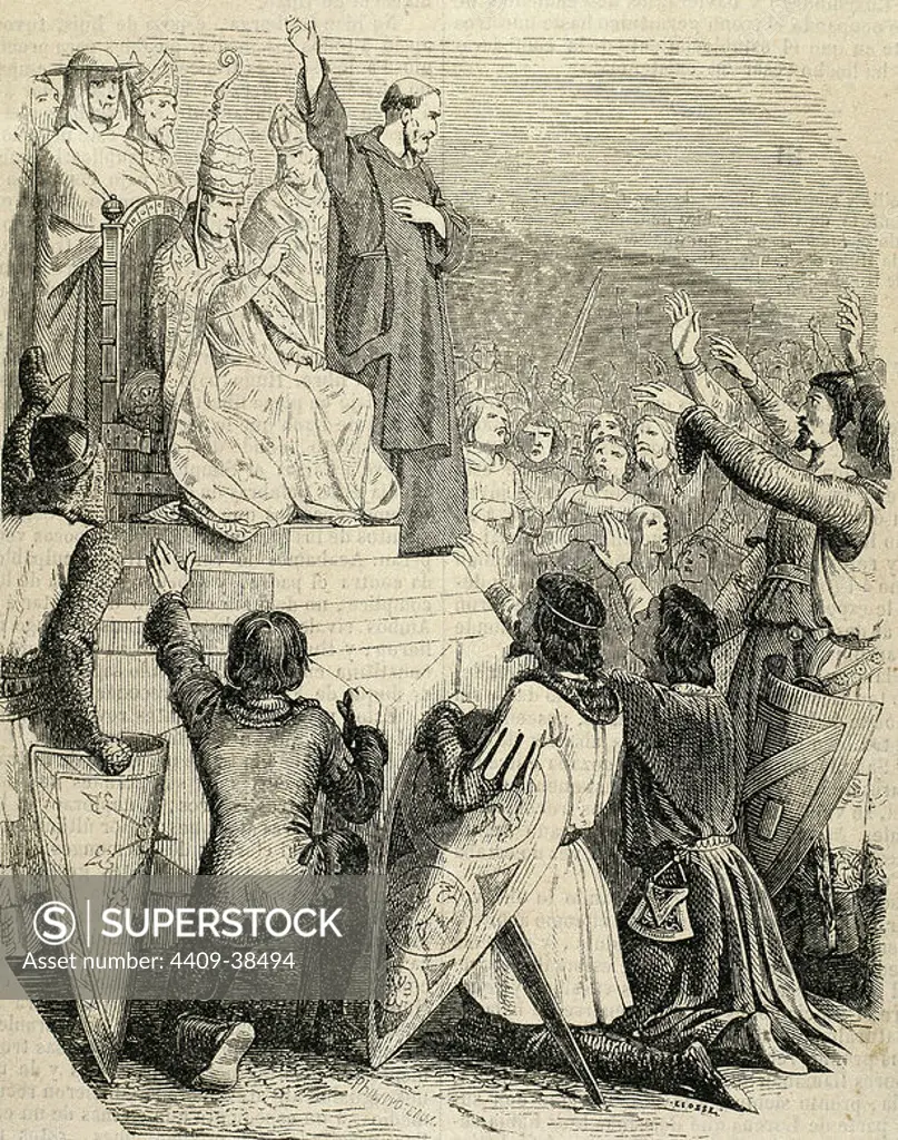 Peter the Hermit (1050-1115). Priest of Amiens. Preaching the First Crusade (1095) by Peter the Hermit and pope Urban II. Philippoteaux Engraving (nineteenth century).