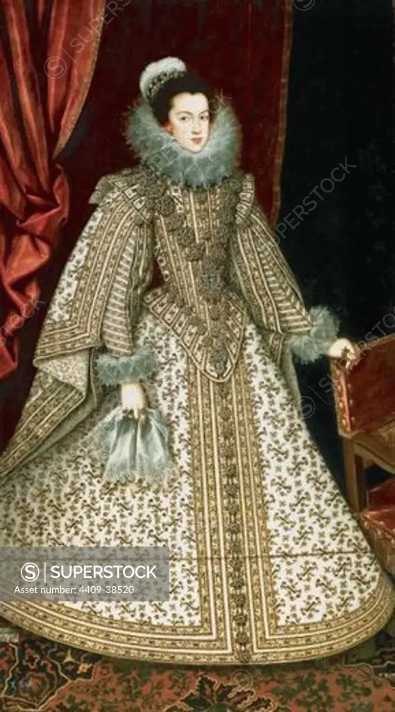 Elisabeth of France (1602-1644). Queen consort of Spain (1621 to 1644) and Portugal (1621 to 1640) as the first wife of King Philip IV of Spain. She was daughter of King Henry IV of France and his second spouse Marie de Medici. Portrait by Rodrigo de Villandrando (1588-1622). Prado Museum. Madrid. Spain.