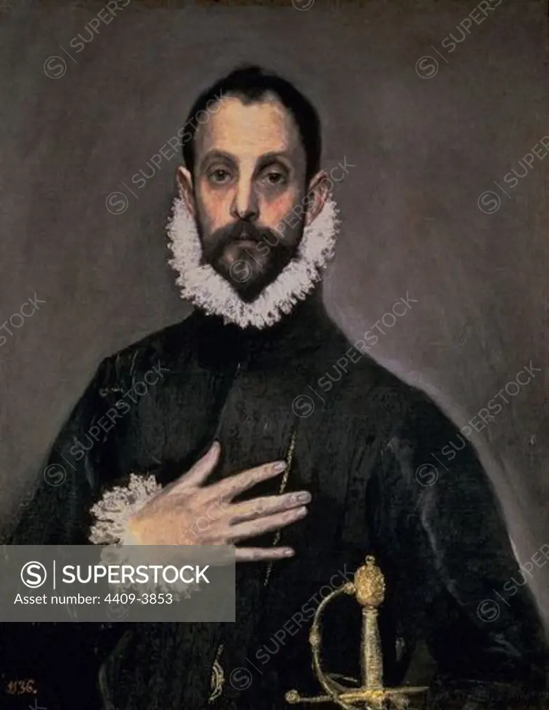 The knight with his hand on his breast . El caballero con la mano en el pecho . 1577-1584. Oil on canvas . 81x66. Madrid, Prado museum. Author: EL GRECO. Location: MUSEO DEL PRADO-PINTURA, MADRID, SPAIN.