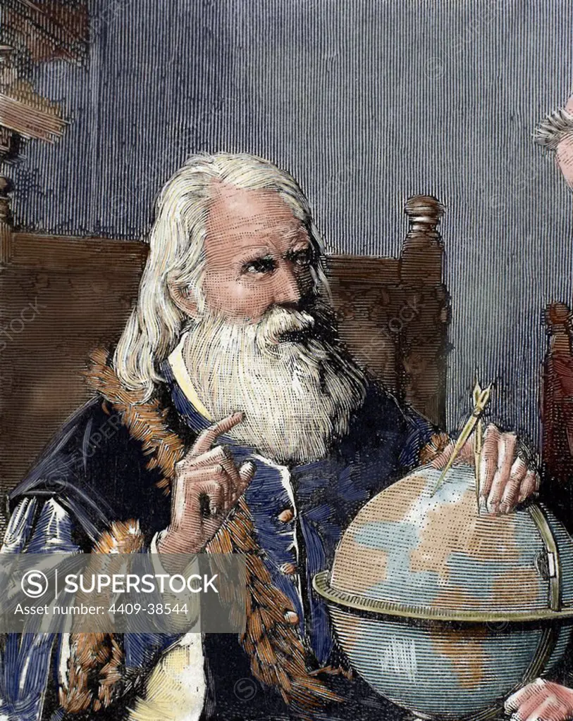 Galileo Galilei (1564-1642). Physicist, Italian mathematician and astronomer. Galileo demonstrating his astronomical theories. Engraving by Rico in the "Spanish and American Illustration" (1884). Coloured.