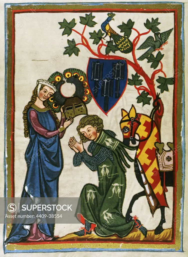 Der Schenk Von Limburg, ministerial Swabian (mid 13th century) says goodbye to his lady before leaving. Codex Manesse (ca.1300) by Rudiger Manesse and his son Johannes. Fol. 82v. University of Heidelberg. Library. Germany.