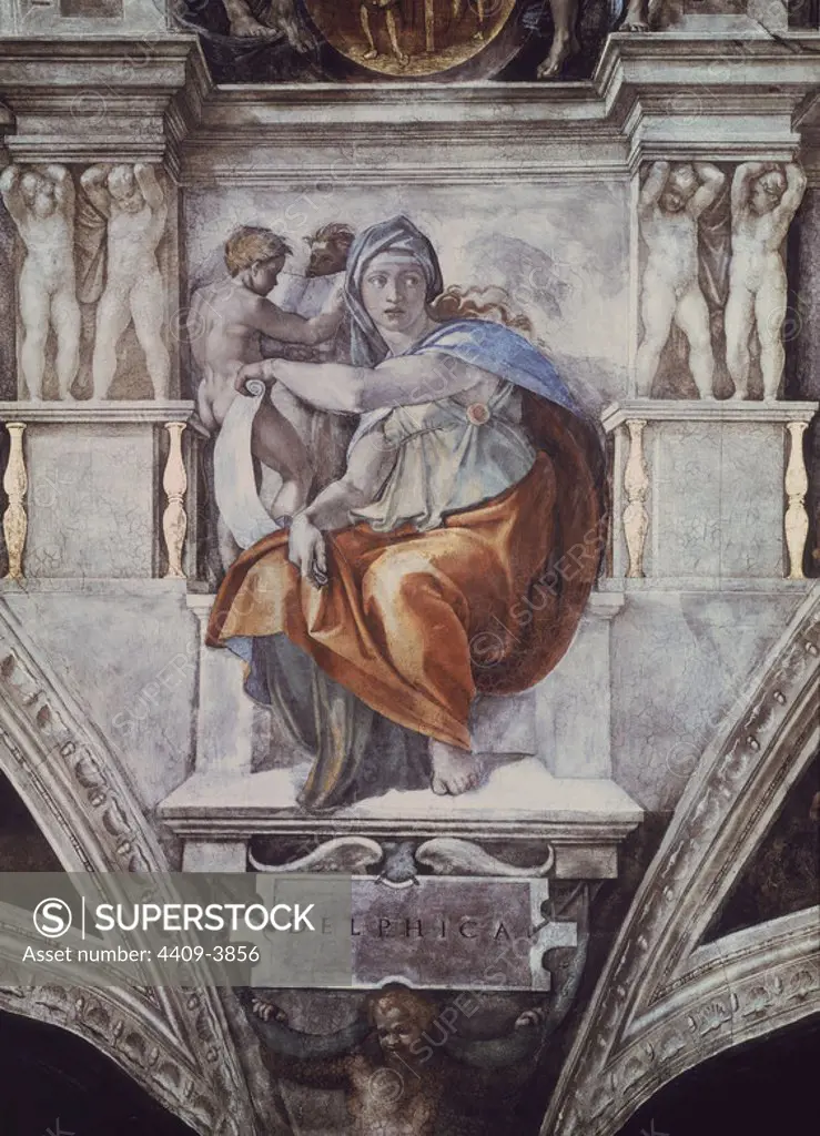 LA SIBILA DELPHICA ANTES DE LA RESTAURACION - SIGLO XVI - RENACIMIENTO ITALIANO. Author: Michelangelo. Location: MUSEOS VATICANOS-CAPILLA SIXTINA. VATICANO.