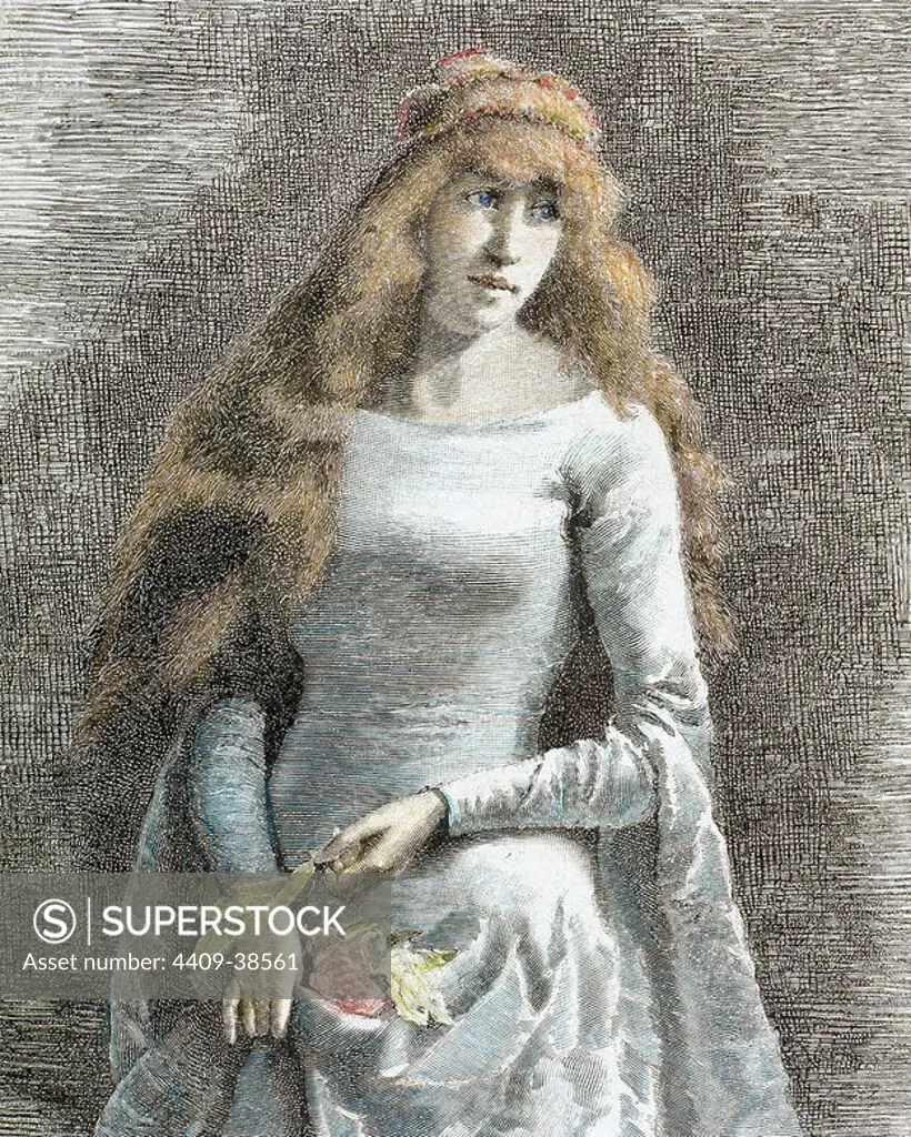 Young lady. Medieval age. Engraving by Centeneri (1885). "La Ilustracion Iberica".