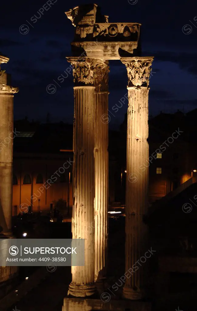 Italy. Rome. Roman Forum. Temple of Concord, 4th century BC. Night view.