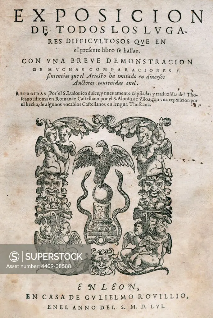 Ludovico Ariosto (1474 Ð 1533) was an Italian poet. He is best known as the author of the romance epic Orlando Furioso (1516). Book cover "Orlando Furioso, edited in Lyon (Lugdunum), 1556. Library of Catalonia. Barcelona. Spain.