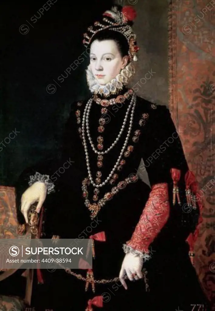Elisabeth of Valois (Fontaineblau ,1546-Madrid, 1568). Queen of Spain. Oil by Juan Pantoja de la Cruz. Copy by Alonso Sanchez Coello. Prado Museum. Madrid. Spain.