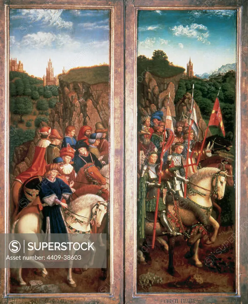 Gothic Art. Belgium. 15th Century. The Ghent Altarpiece, also known as The Adoration of the Mystic Lamb or The Lamb of God. Early Flemish polyptych panel painting. Commisioned from Hubert van Eyck (1385/90-1426) and executed by his brother Jan van Eyck (c.1390-c.1441), 1430-32. Open view. Detail. Lower left panel. Just Judges and the Knights of Christ. Oil on oak. Saint Bavo Cathedral. Ghent.