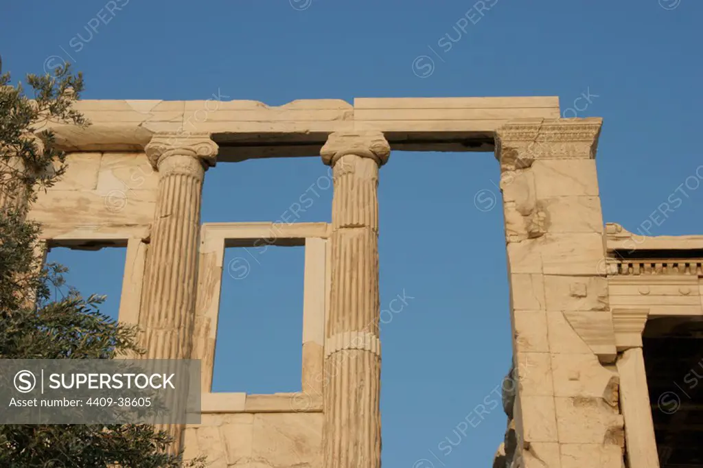 Greek Art. Erechtheion. Temple ionic. Was built between 421 - 407 BC. Detail. Acropolis. Athens. Attica. Central Greece.
