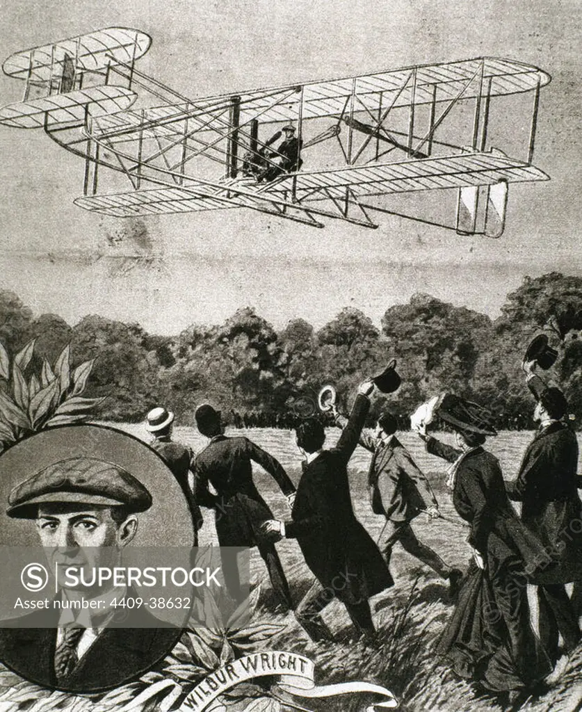 Wilbur Wright (1867-1912). American aviator. With his brother is credited with inventing and building the world's first successful airplane. Plane flying over the field Anvours (France) at a speed of 80 km / h. 1908. Illustration.
