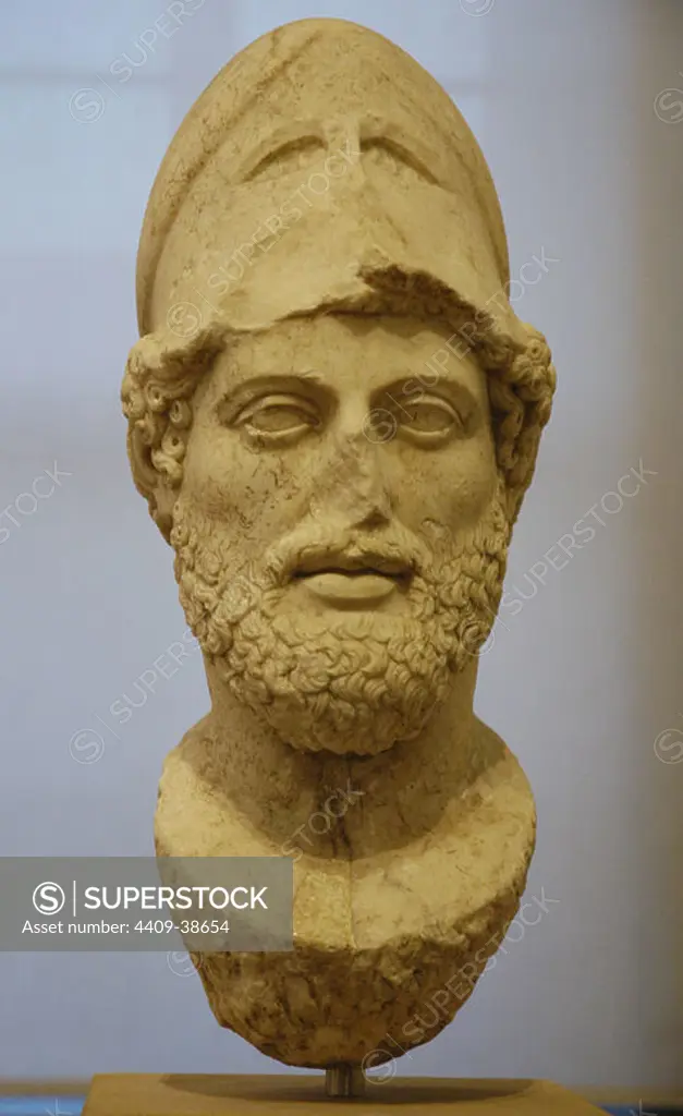 Pericles (h.495-429 BC). Athenian statesman. Marble bust. Roman copy of the Greek original statue by Cresilas. Dated to 429 B.C. It comes from the island of Lesbos. Egyptian Museum (Altes Museum). Berlin. Germany.