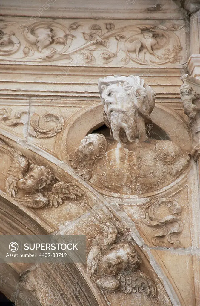Renaissance art. Spain. Magdalena church built in the 16th century in style Manueline. Relief. Olivenza.