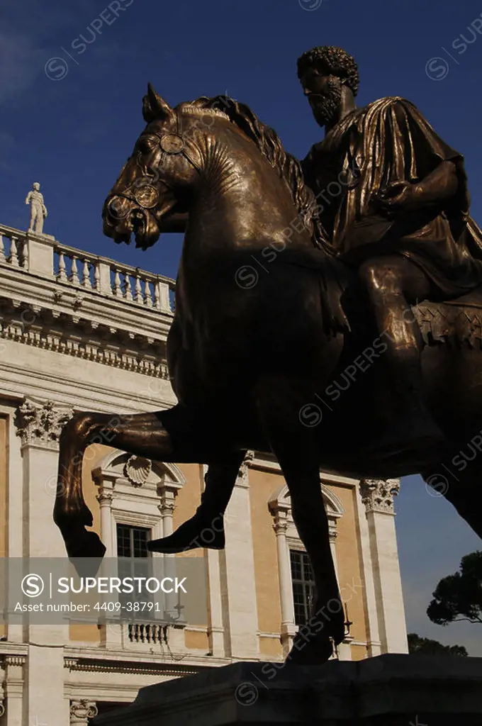 Equestrian statue of roman Emperor Marcus Aurelius (121-180). Antonine Dynasty. Copy of a Roman original. Campidoglio square. Rome. Italy.