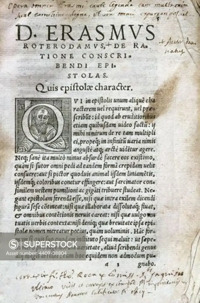 Desiderius Erasmus Roterodamus (sometimes known as Desiderius Erasmus of Rotterdam) (1466/1469-1536). Dutch Renaissance humanist and a Catholic Christian theologian. Ratione Conscribendi  Epistles. First page. Edition printed in Basel in 1522.