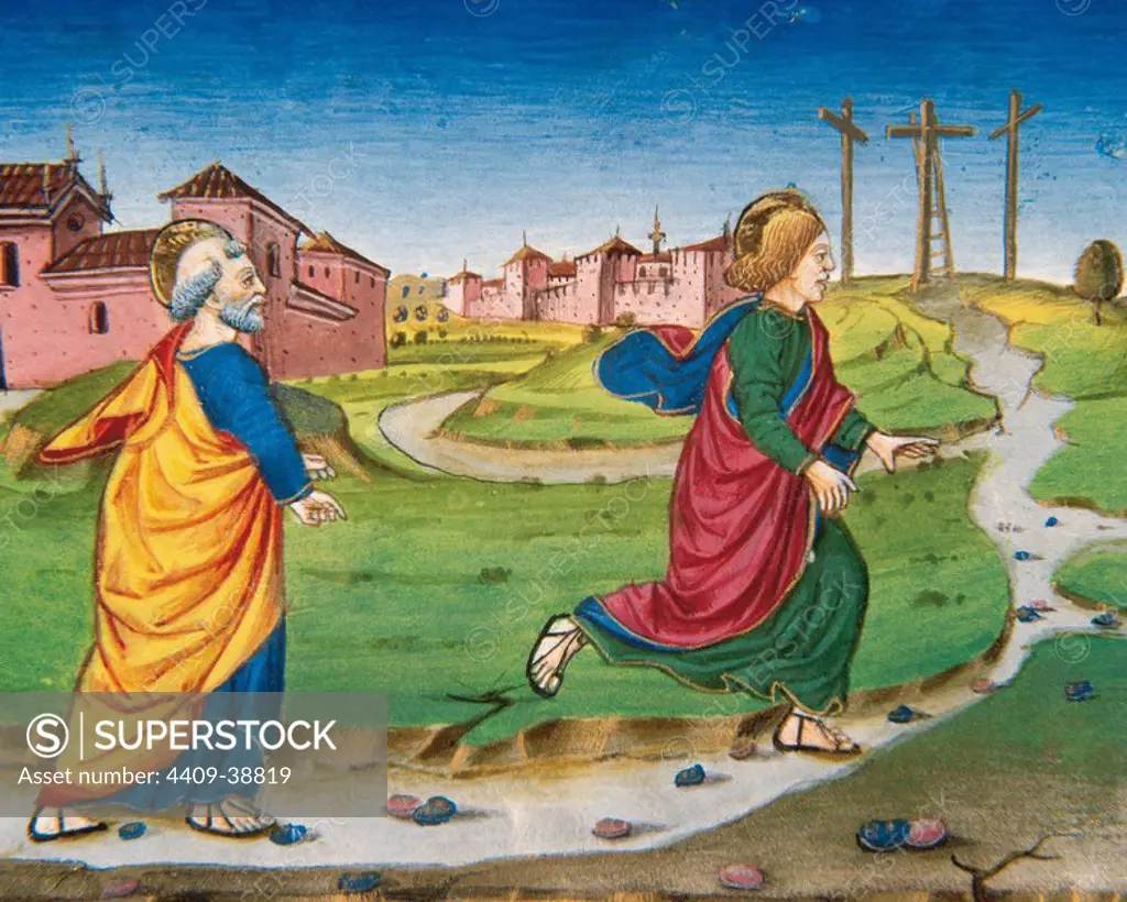 Following the news of Mary Magdalene of the Resurrection of Jesus, Simon Peter and John come running to the tomb. Codex of Predis (1476). Royal Library. Turin. Italy.