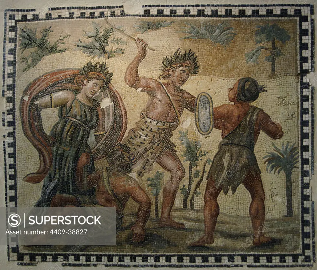 Pavement mosaic depicting Dionysus fighting with the Indians. 4th century. From Villa Rufinella. Roman National Museum. Palazzo Massimo. Rome. Italy.