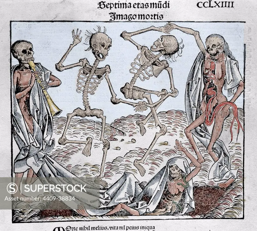 The Dance of Death (1493) by Michael Wolgemut, from the Liber chronicarum by Hartmann Schedel. Coloured engraving.