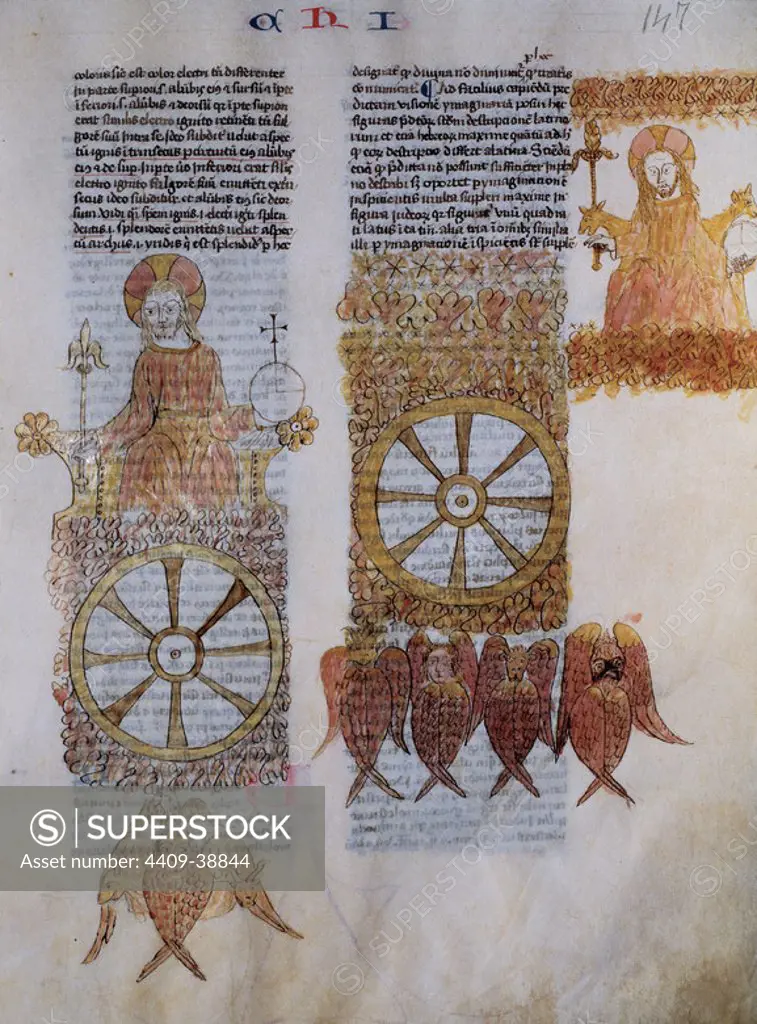 "DIOS SENTADO EN SU TRONO". "POSTILLA SUPER PROPHETA". Manuscrito de los siglos XIII-XIV, obra de NICOLAUS DE LYRA (c.1270-1349). Miniatura del folio 147.