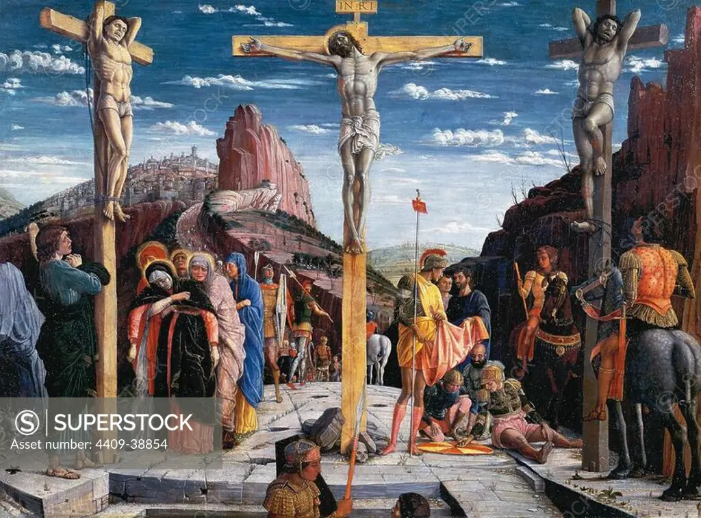 Renaissance. Andrea Mantegna (1431-1506). Italian Painter. Quattrocento. The Crucifixion. Central part of the predella of altarpiece. 1457-1459. Oil on panel. Louvre, Pari_s.