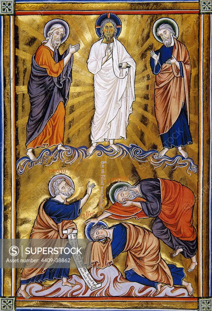 The Transfiguration of Christ, depicting Elijah, Jesus, and Moses with the apostles James, John and Peter. Psalter. Miniature. 15th century. Chantilly Castle. France.
