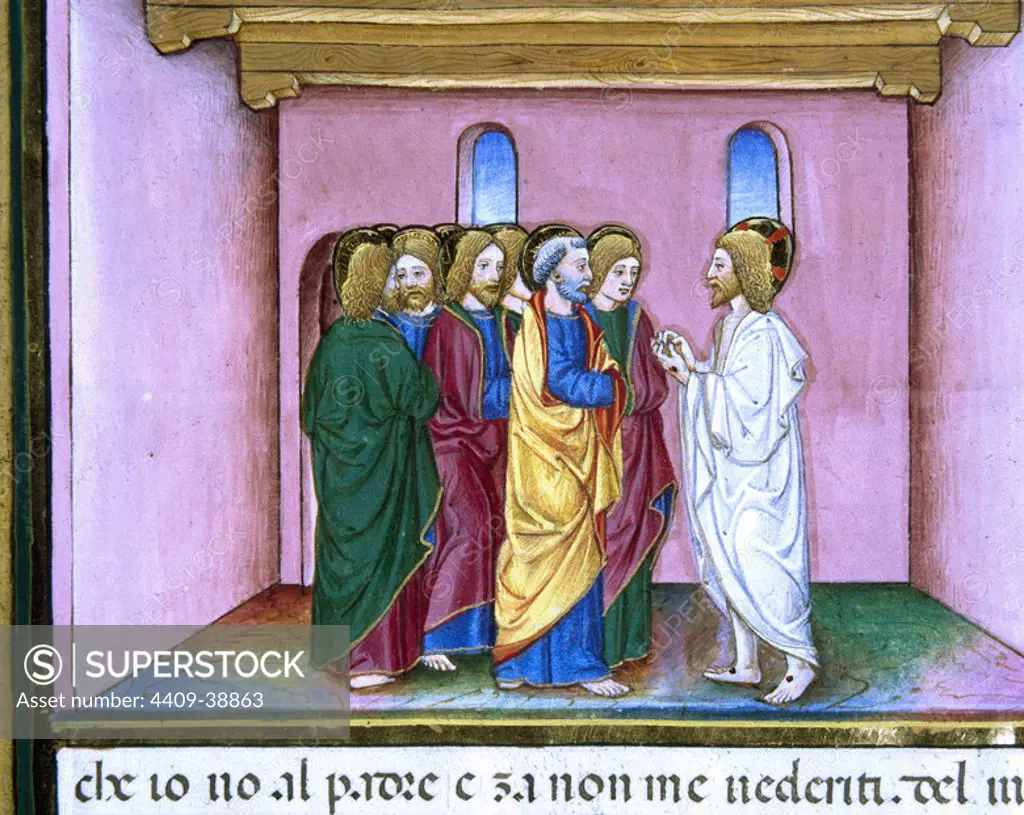 Risen Jesus announces to the disciples the coming of the Holy Spirit. Illuminated pages of the Codex of Predis (1476). Royal Library. Turin. Italy.