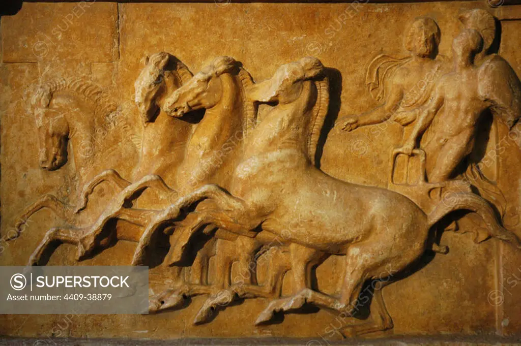 Amphiaraus in a chariot race. Greek hero and king of Argos. Relief from Oropo, Attica. 4th century BC. Pergamon Museum. Berlin. Germany.
